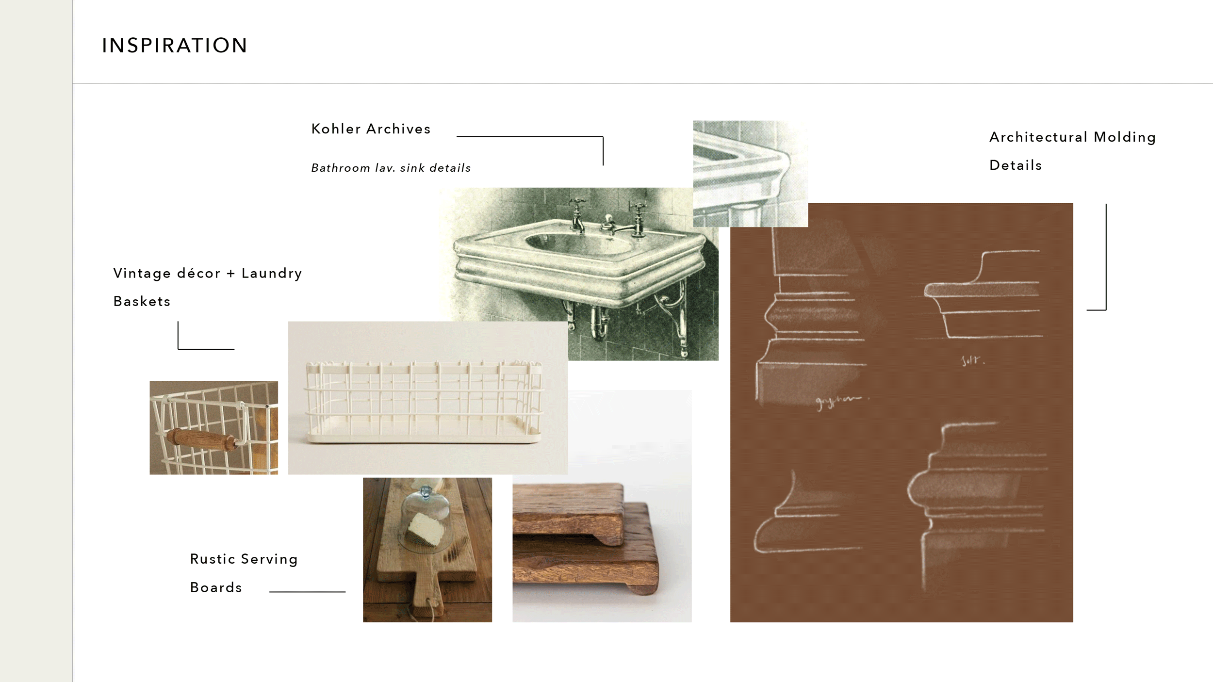 Inspiration mood board featuring a vintage bathroom sink, wire laundry baskets, rustic wooden serving boards, and architectural molding sketches.
