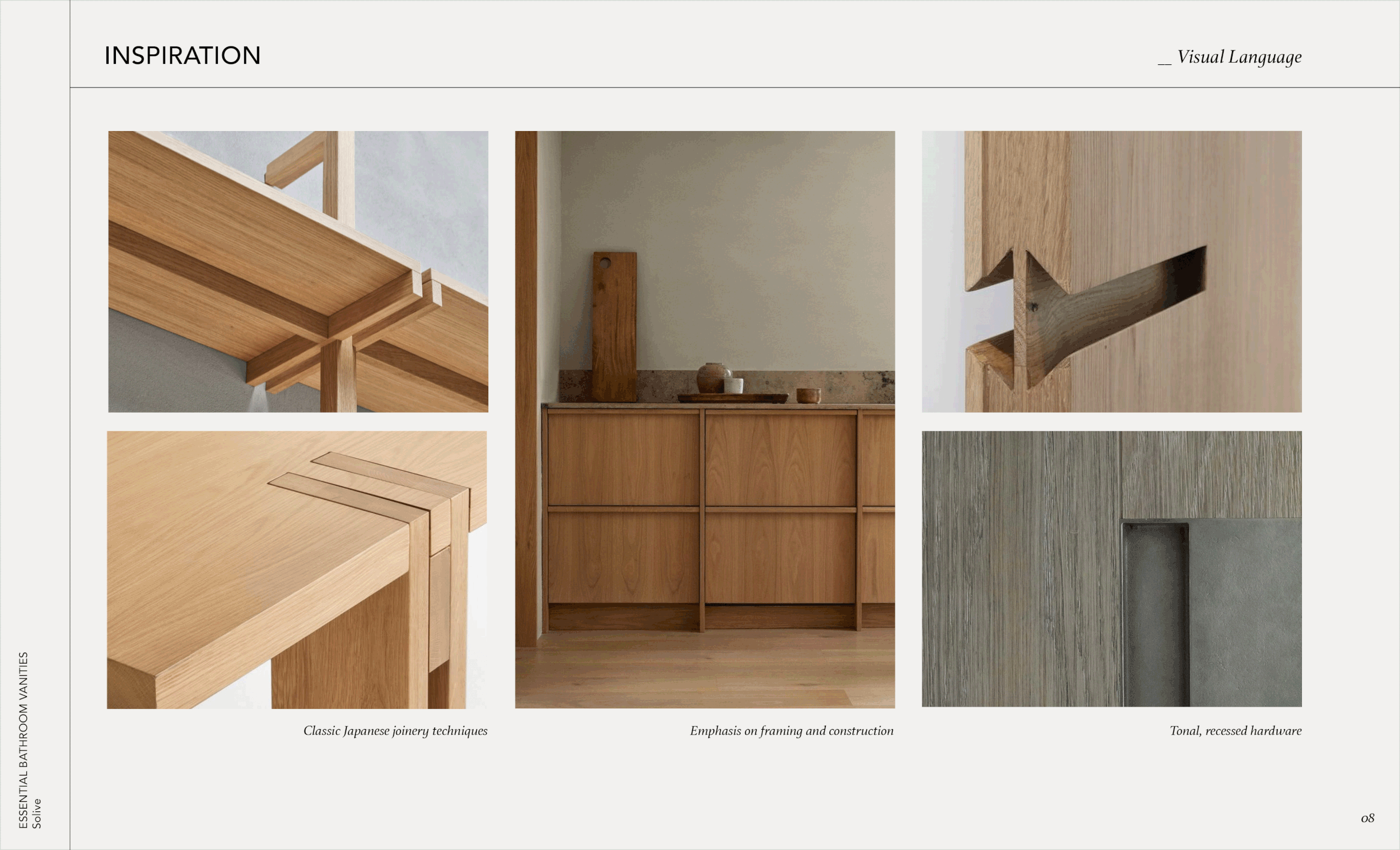 Bathroom design inspiration board featuring warm wood cabinetry, classic Japanese joinery, framing details, and tonal recessed hardware.