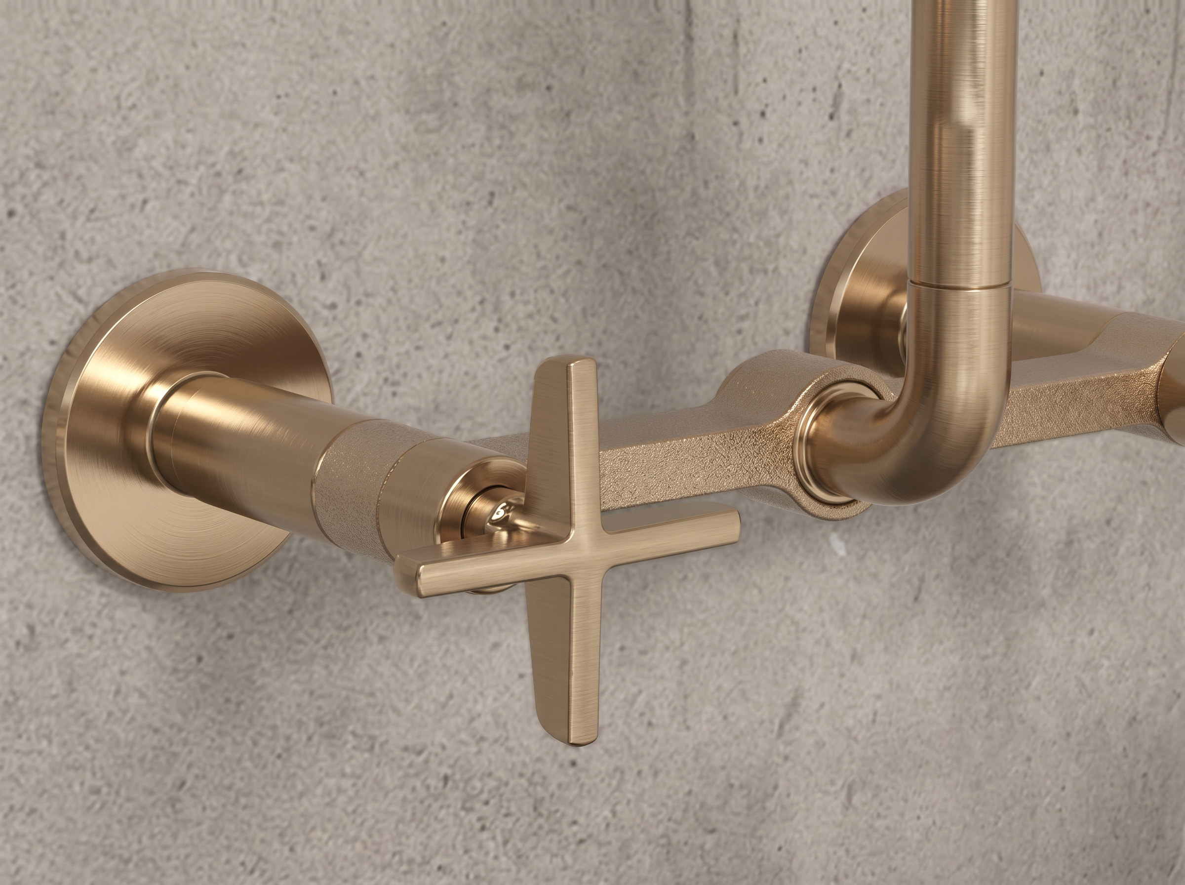 Brushed gold wall-mounted bathroom faucet with lever handle and curved spout