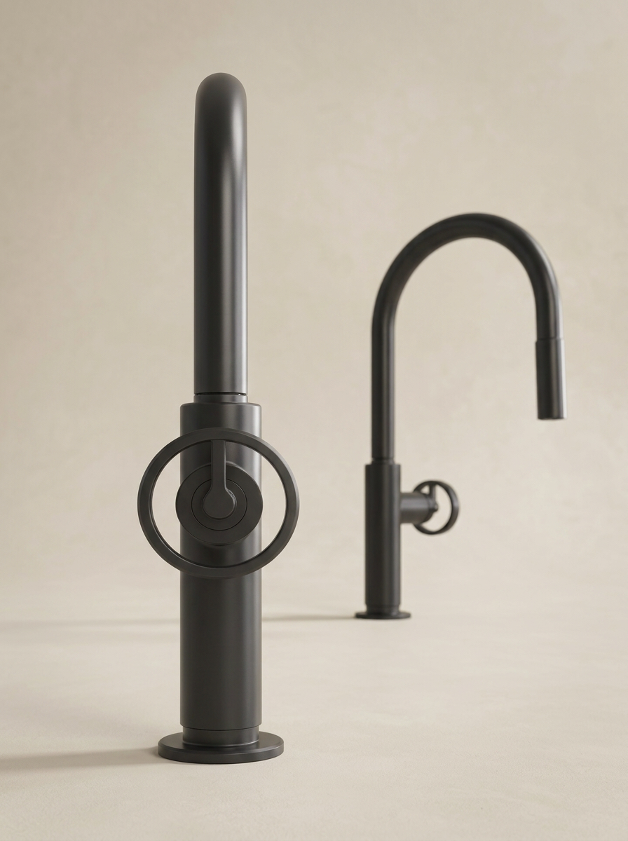 Two modern kitchen faucets with matte black finish on a light-colored surface and background.
