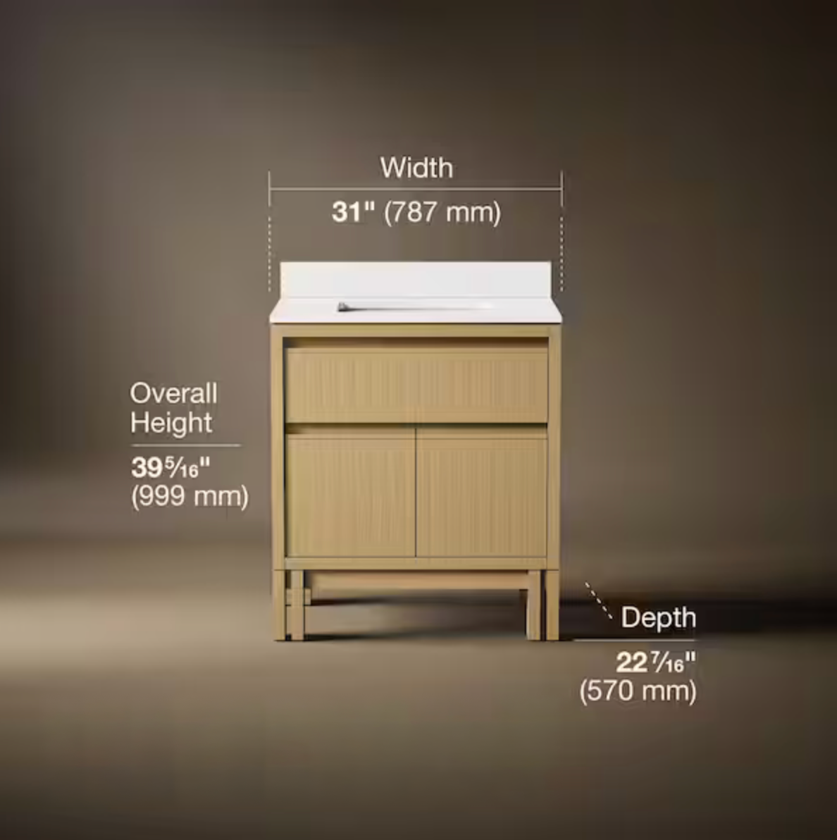Front-view dimensional diagram of a wood bathroom vanity cabinet measuring 31 inches wide, 39 5/16 inches high, and 22 7/16 inches deep.