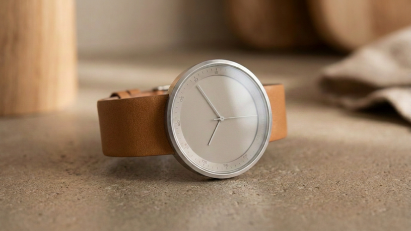 Minimalist analog wristwatch with a tan leather strap and a silver round face