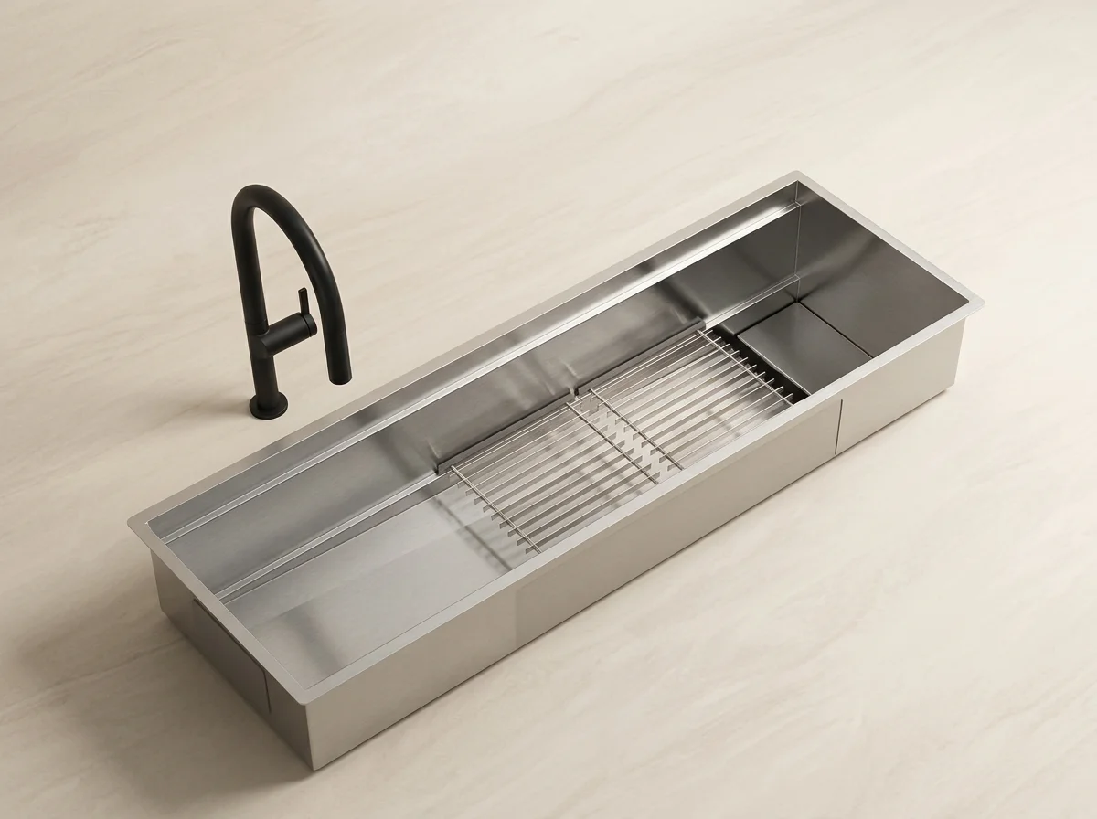Brushed stainless steel workstation kitchen sink with integrated drying rack and matte black gooseneck faucet