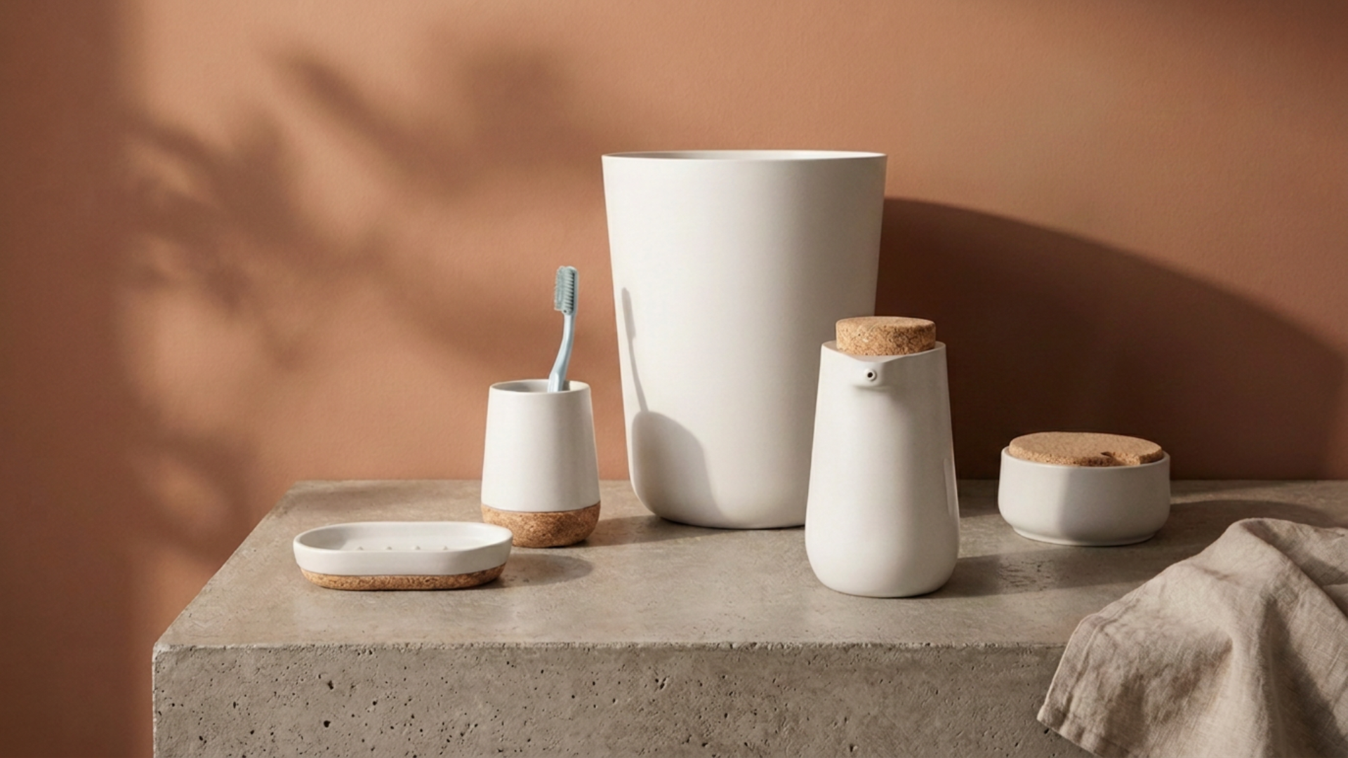 White ceramic bathroom accessories with cork lids, including toothbrush holder with toothbrush, soap dish, and small storage containers, set on a concrete countertop against a warm tan background.