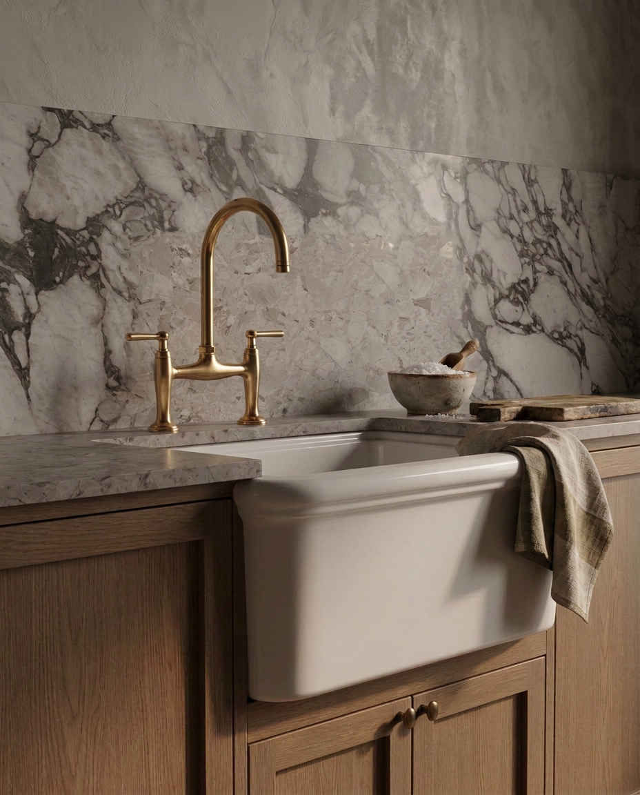Elegant farmhouse kitchen with a white apron-front sink, brass faucet, marble backsplash, wood cabinets, and linen towel
