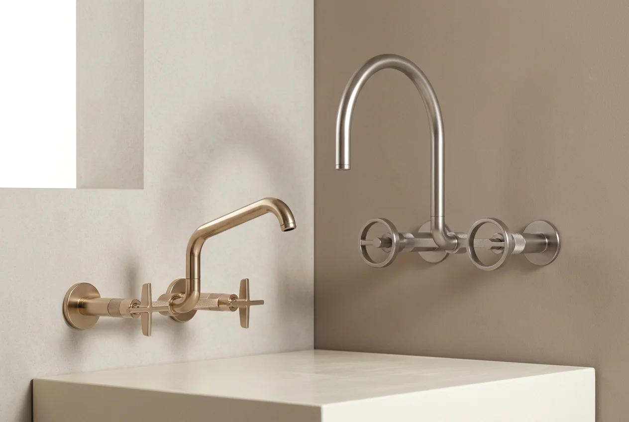 Modern wall-mounted kitchen faucets in brushed brass and stainless steel finishes
