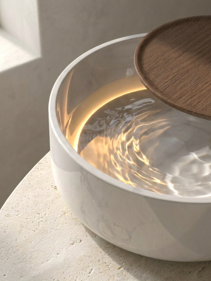 A marble table with a white bowl filled with water, a wooden tray partially resting on the bowl, and sunlight creating reflections on the water surface.