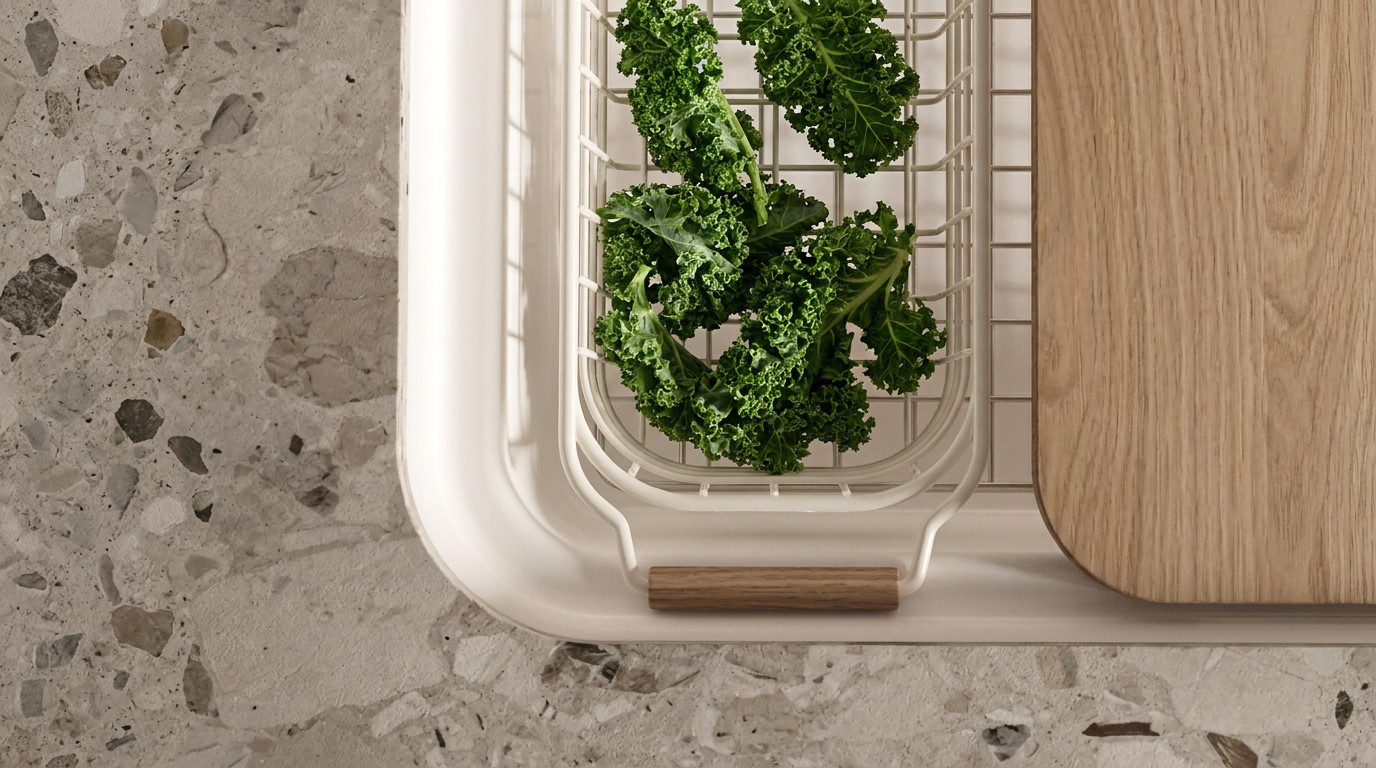 Top-down view of fresh curly kale in a white dish rack beside a wooden cutting board on a stone countertop