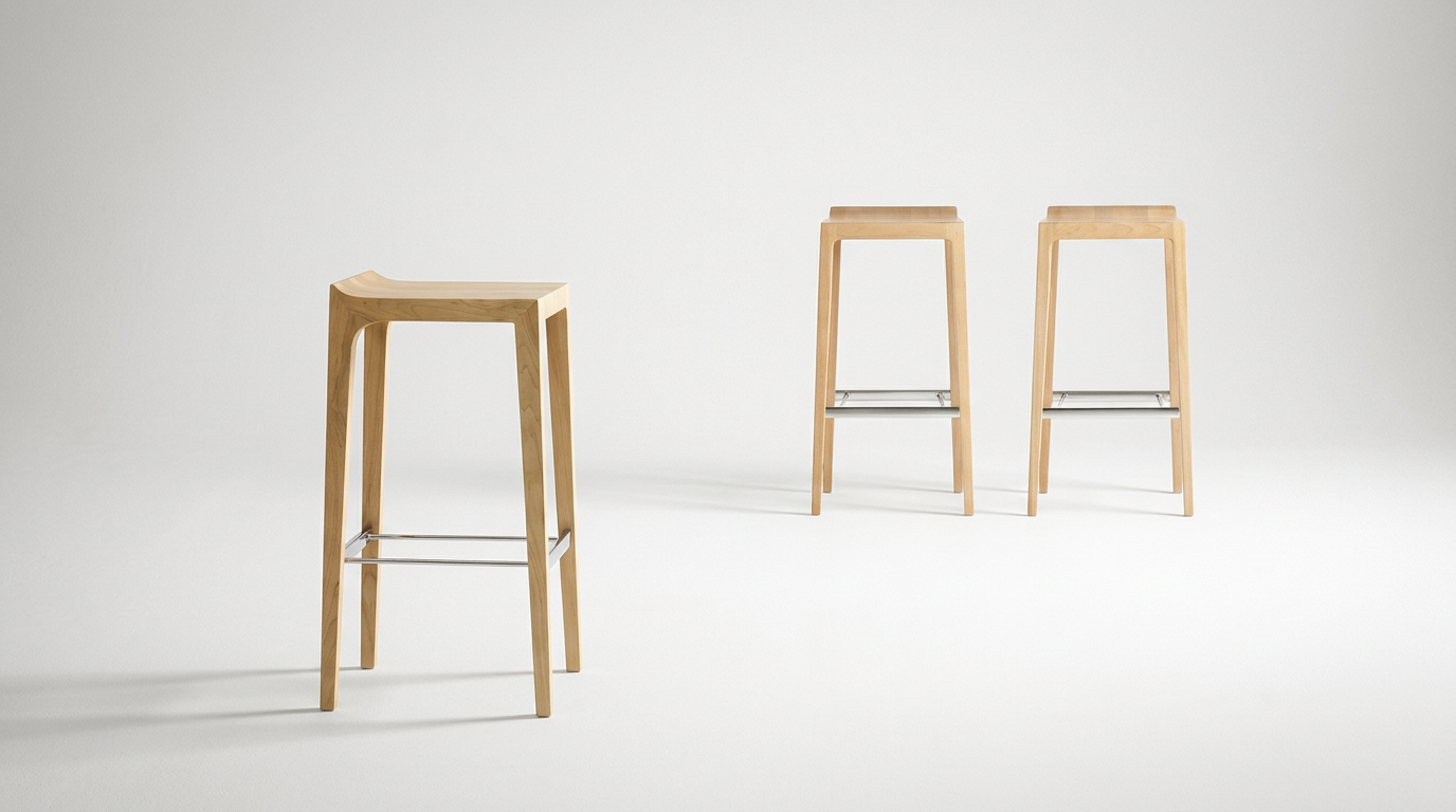 Three wooden barstools with metal footrests on a plain white background.