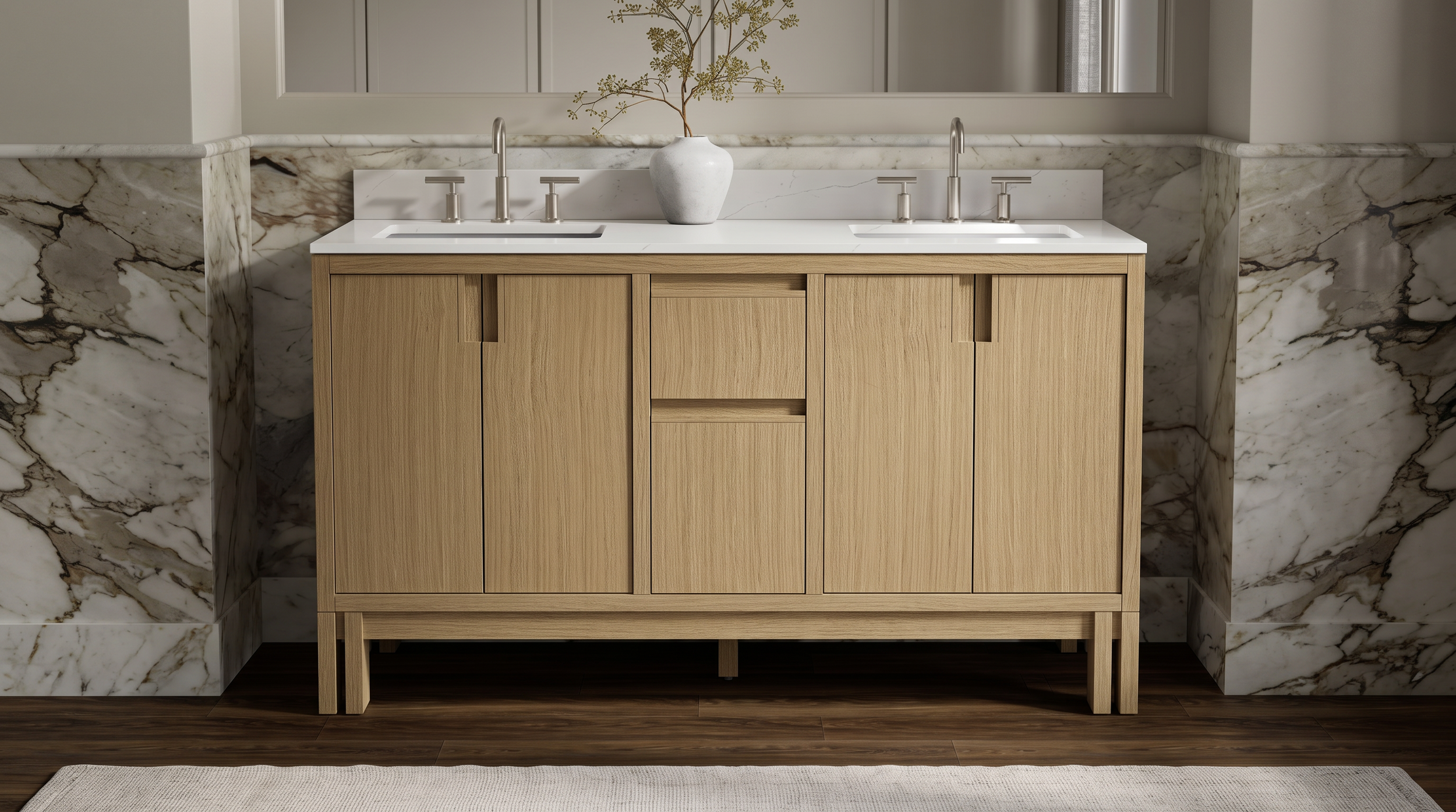 Modern wood double-sink bathroom vanity with white countertop, marble backsplash, and decorative vase