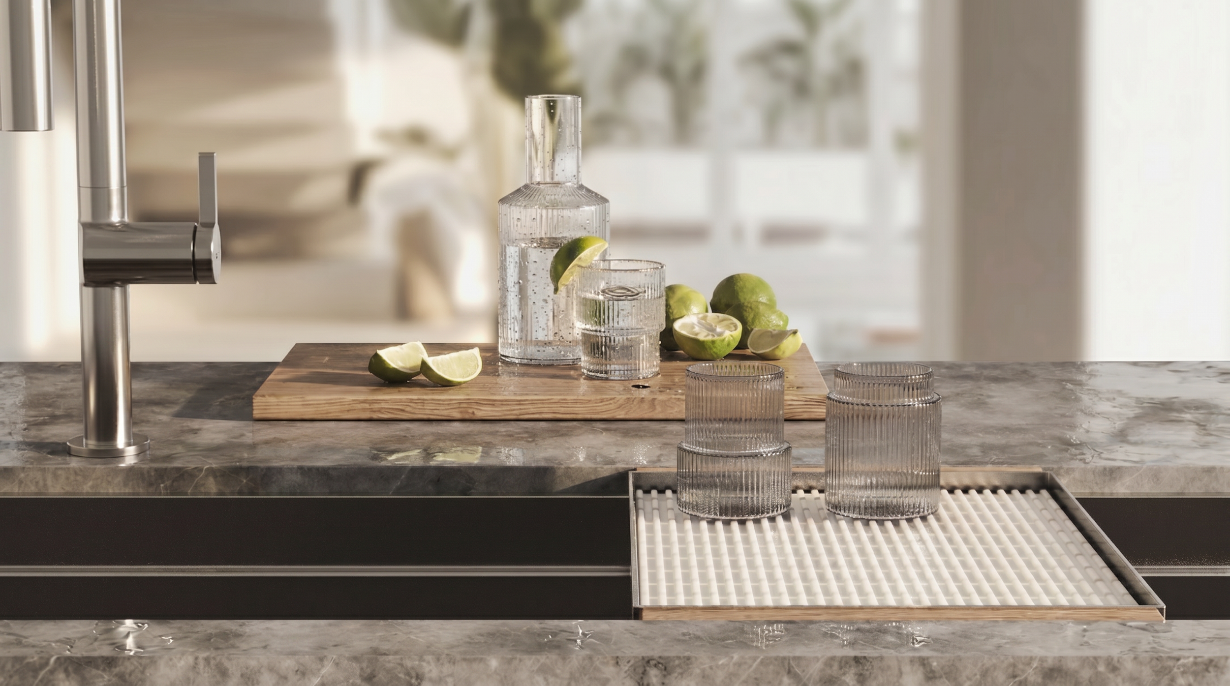 Modern bar setup with a bottle and glass of sparkling water, lime wedges, whole limes, ribbed glasses, and a cocktail tray on a kitchen counter