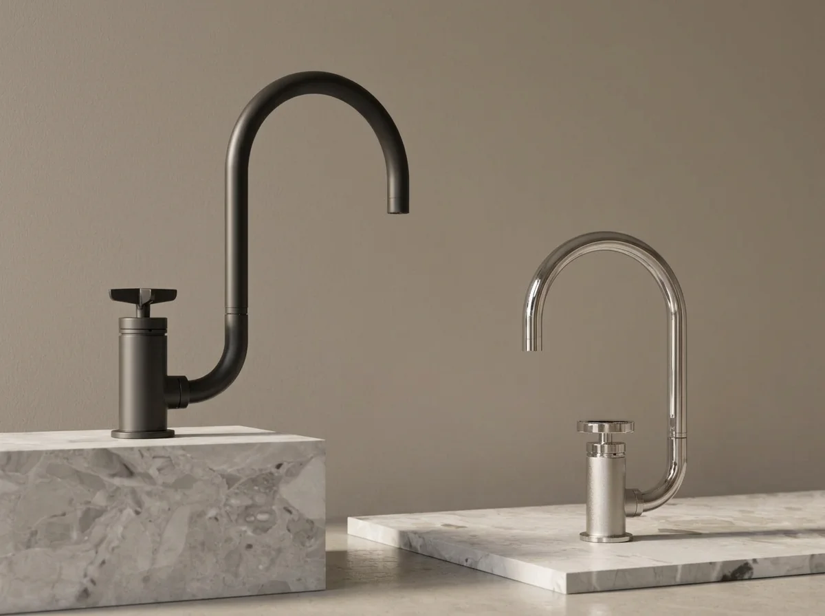 Modern black and chrome kitchen faucets on marble countertops