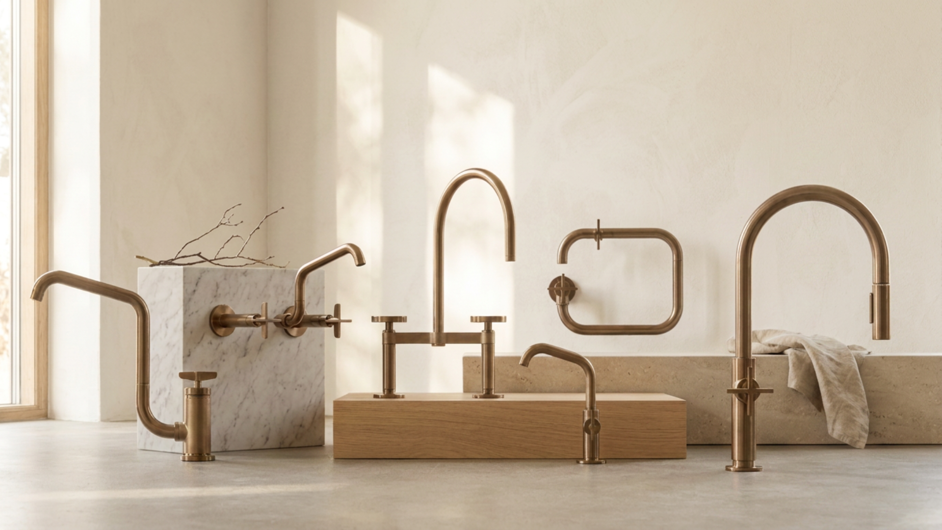 A modern kitchen display with various copper-finished faucets arranged on a wooden and marble surfaces, with a neutral beige wall in the background and a tissue or cloth laid on the right side.