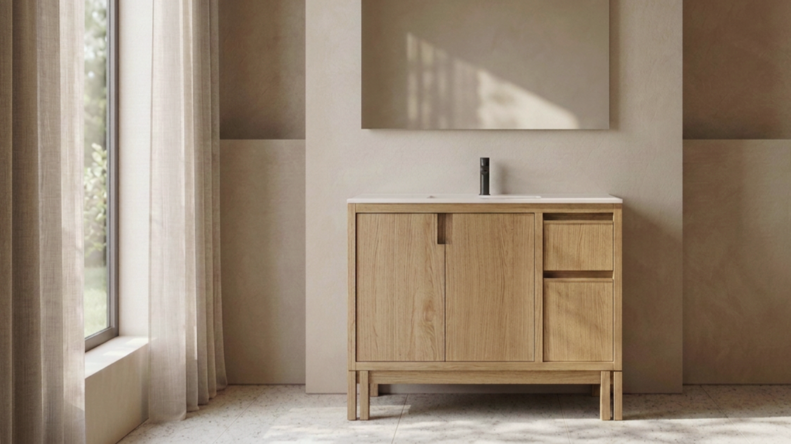 A minimalist bathroom with a wooden vanity, a mirror, and a window with sheer curtains, natural light illuminating the space.