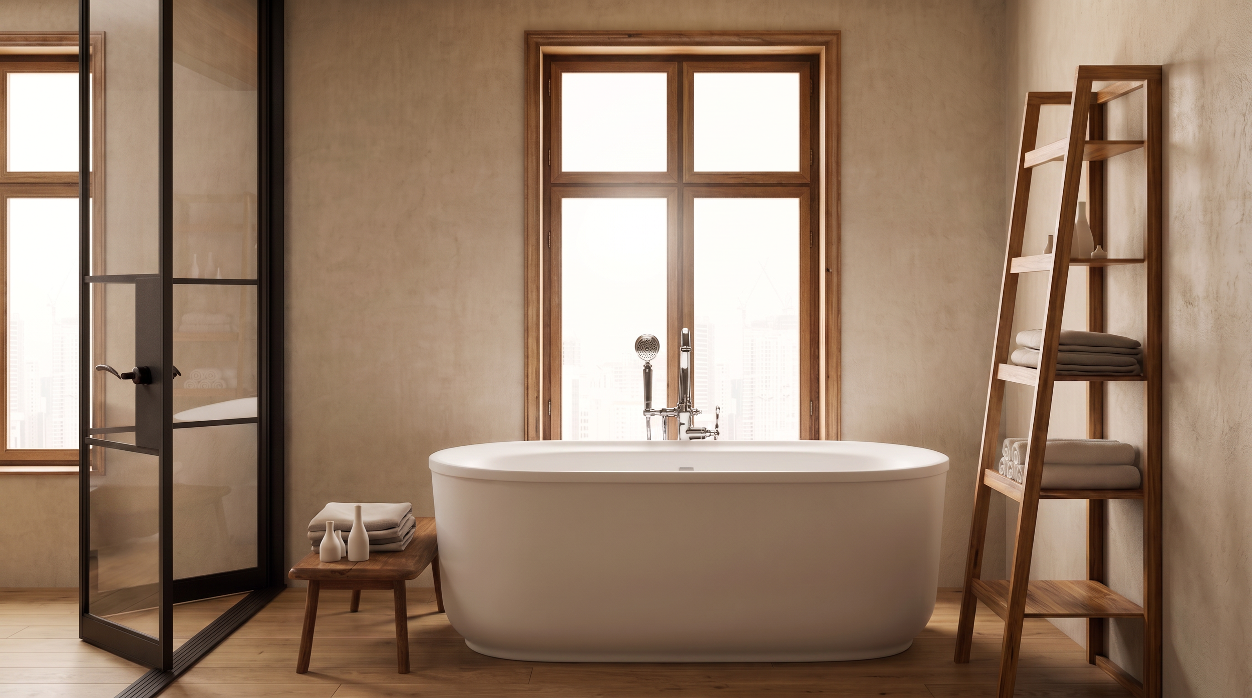 Modern bathroom with a freestanding bathtub in front of a large window, wooden shelving with towels and decorative items, and a shower enclosure to the left.