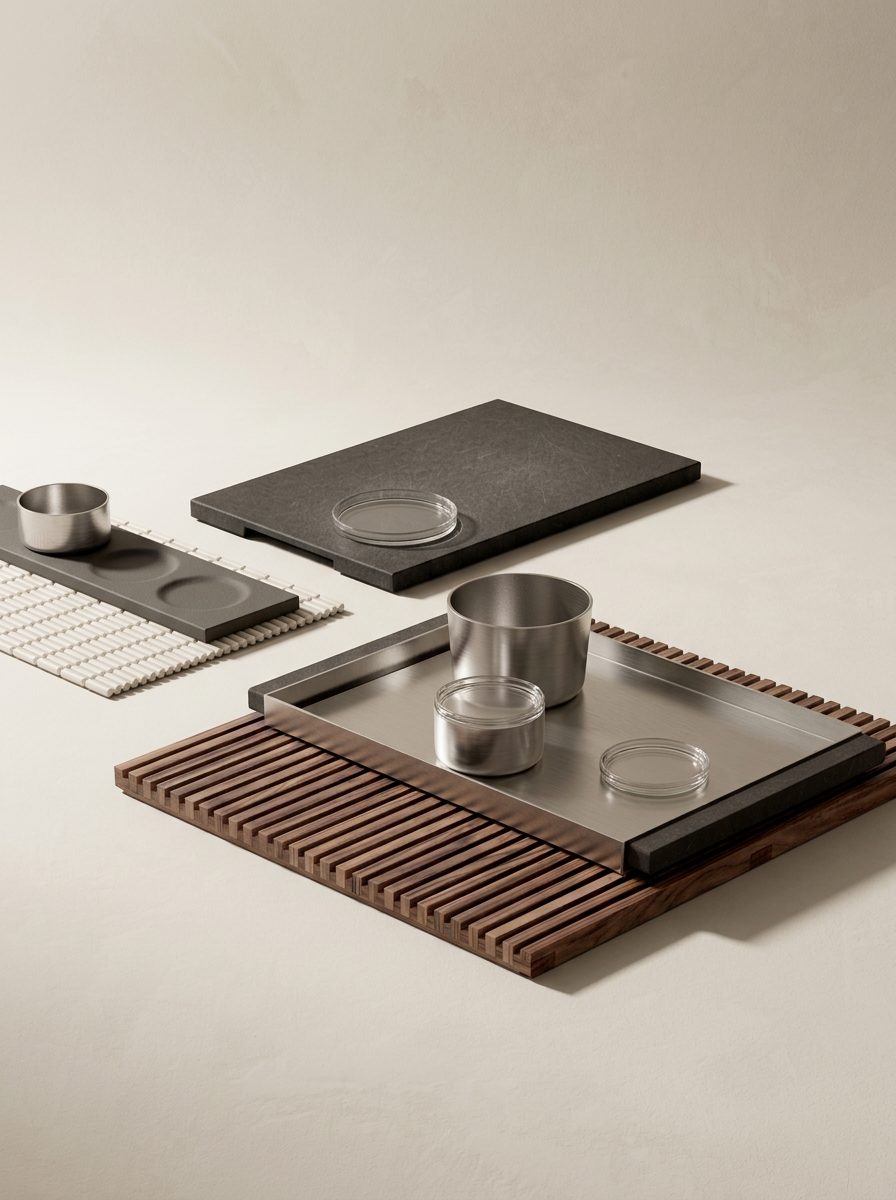 Minimalist kitchen display with various metal and stone kitchenware arranged on textured and smooth surfaces.