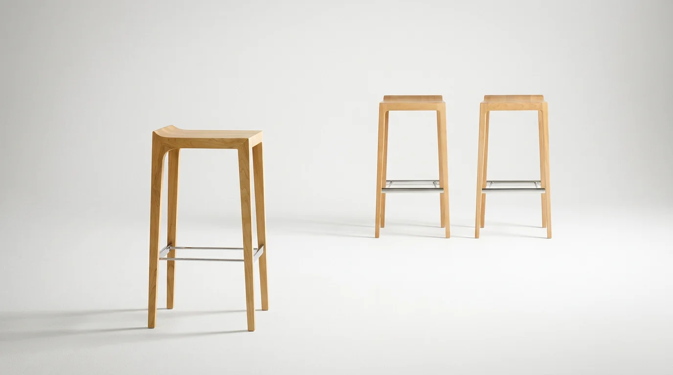 Three wooden bar stools with metal footrests arranged against a white background