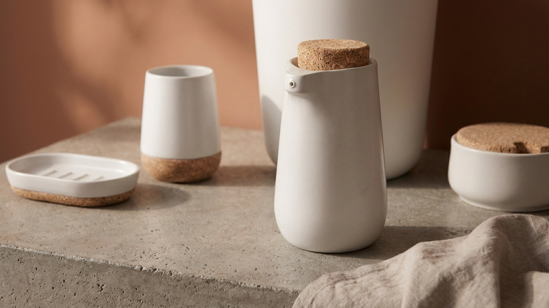 Set of white ceramic containers with cork accents, including a soap dish, a small cup, and lidded jars, arranged on a concrete surface with a beige fabric cloth nearby.