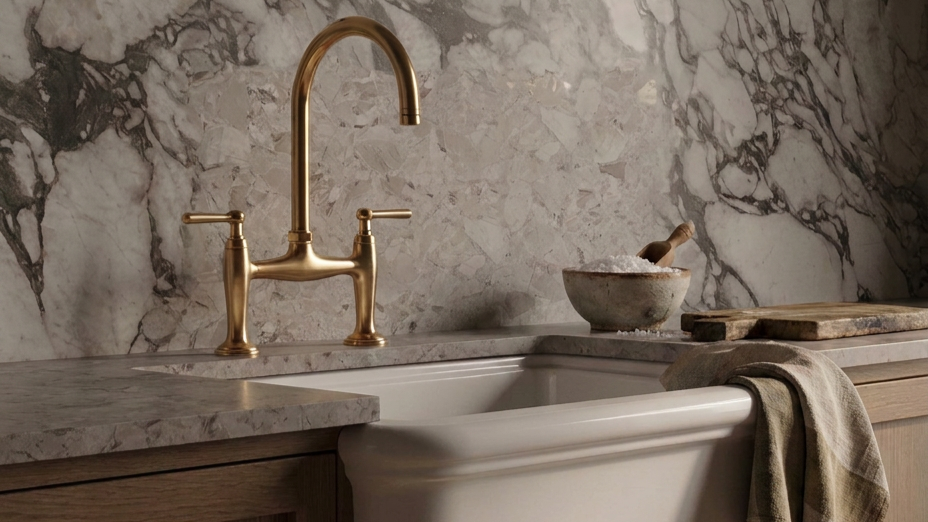 Close-up of a kitchen sink with a brass faucet, marble backsplash, and wooden countertop, with a mortar and pestle and a cutting board nearby.