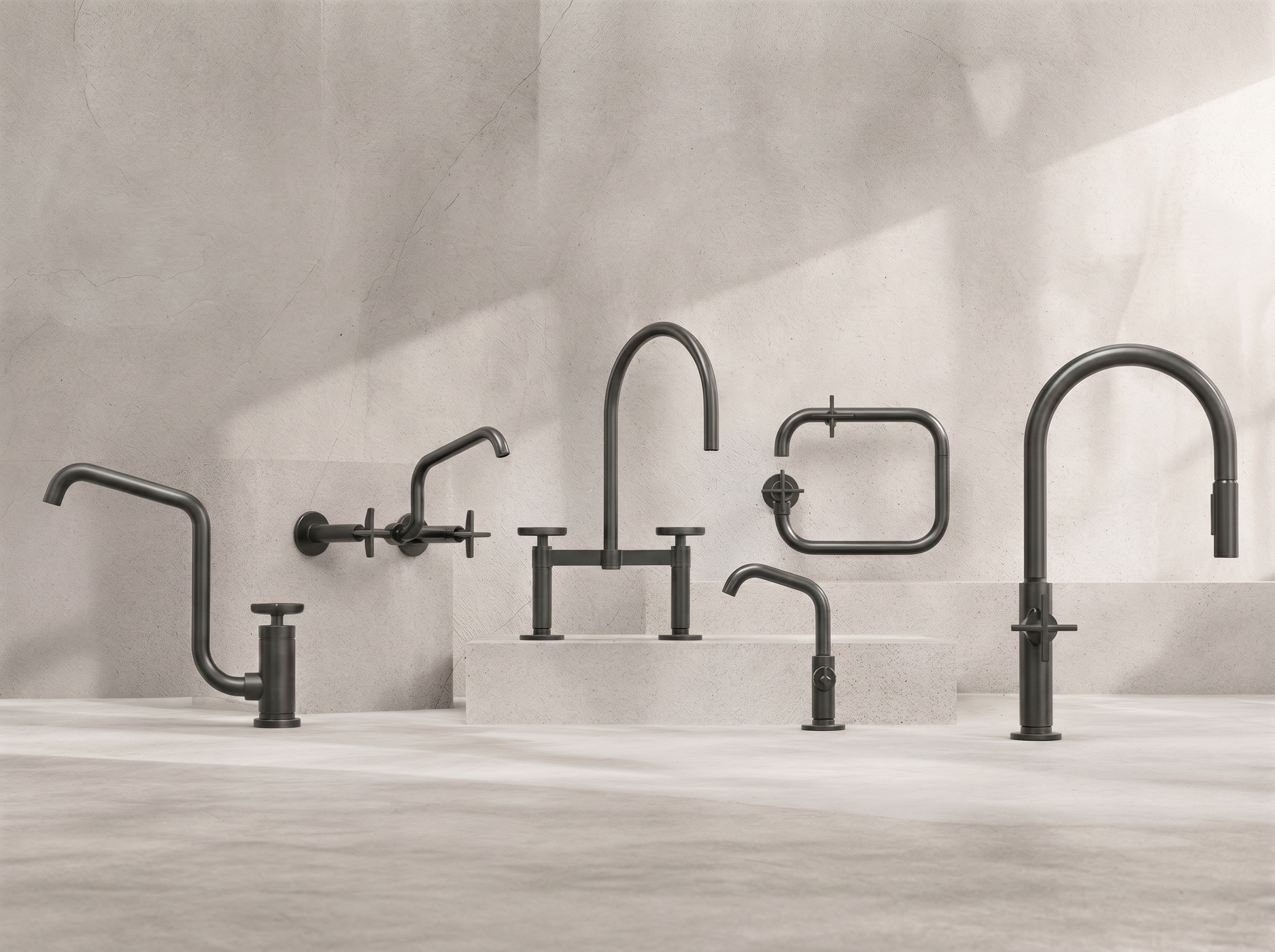 Collection of matte black kitchen faucets and sink fixtures displayed against a textured beige wall
