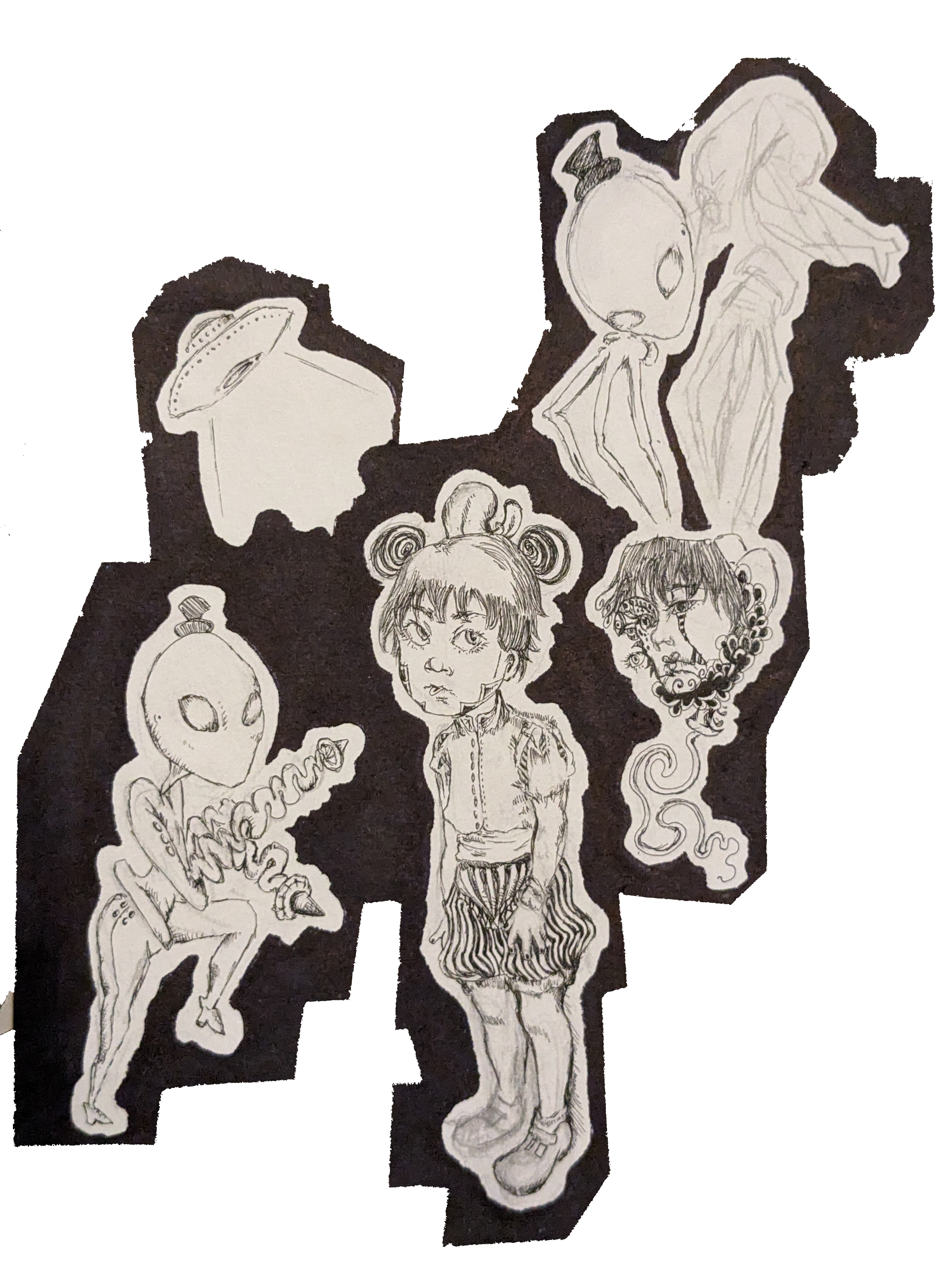 Black and white sketch of various fantasy and whimsical characters, including a girl with pigtails, an alien with large eyes and a small body, a child with striped pants, a girl with a mask, and a witch with a pointy hat and a flowing cloak, all surrounding a large mushroom.