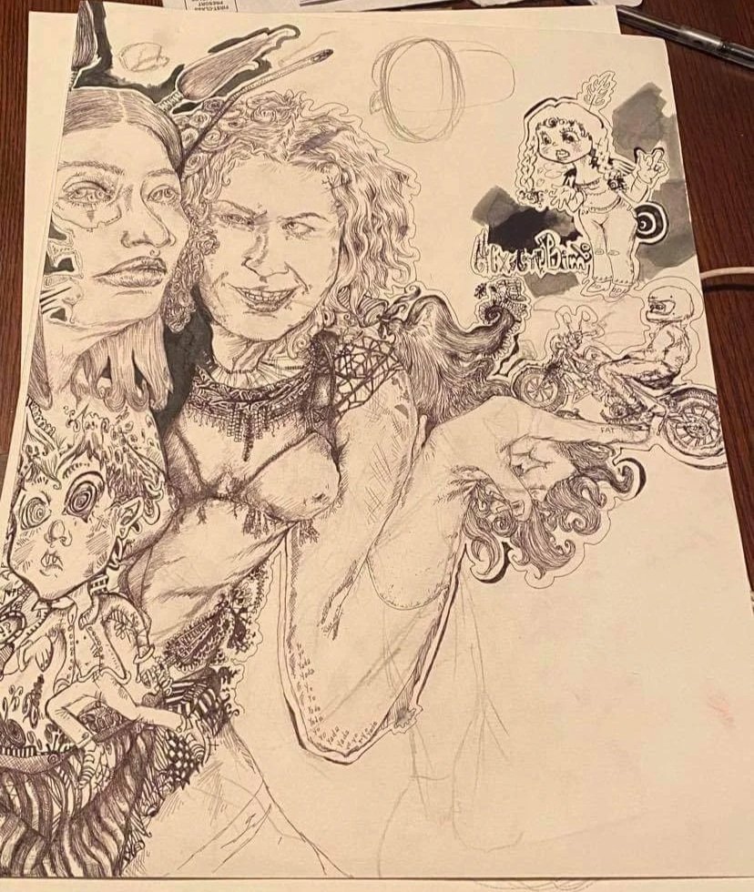 A detailed pencil sketch featuring three realistic faces and several fantasy-style characters. Two women with detailed facial expressions and hair are prominent, along with a smaller, cartoonish character and a woman riding a motorcycle.