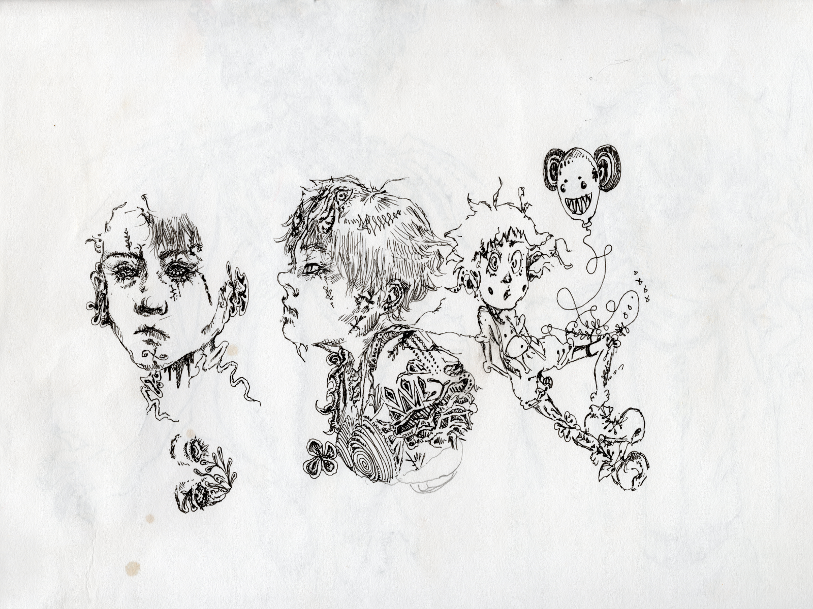 Black and white sketch of three children with unique, expressive faces, and a floating smiling balloon with a face, surrounded by abstract plants and swirls.