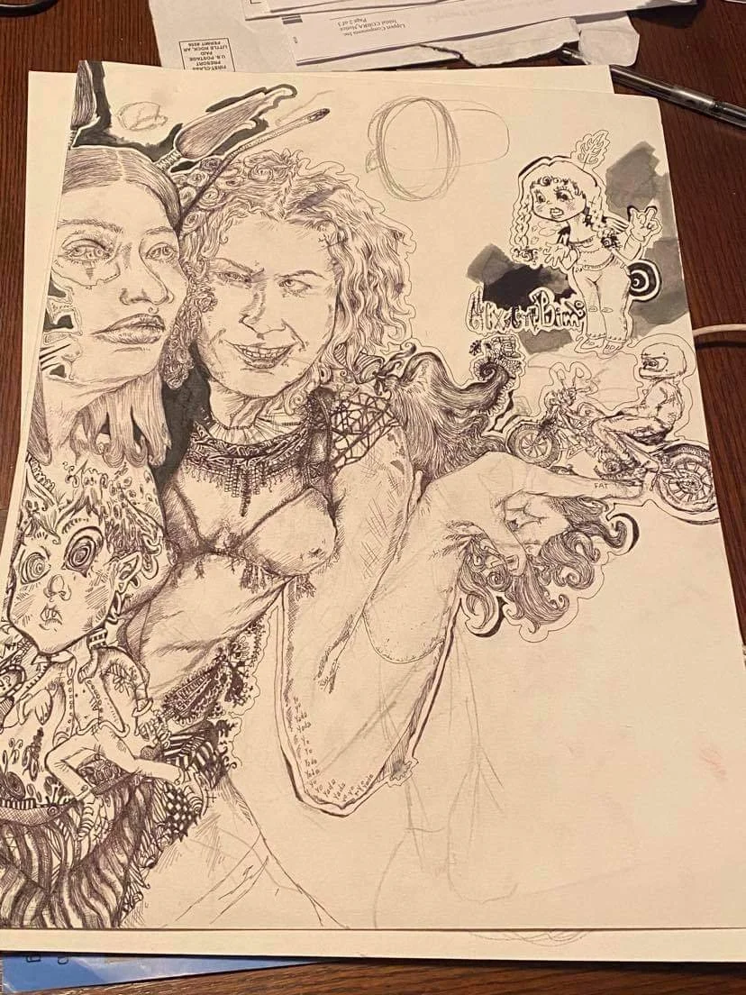 A detailed pencil sketch featuring multiple characters, including two realistic women with one smiling, various fantastical creatures with detailed faces, a cartoon girl with curly hair and a feather in her hair, a person riding a motorcycle with a helmet, and another on a bicycle, along with some sketches and writing on the paper.
