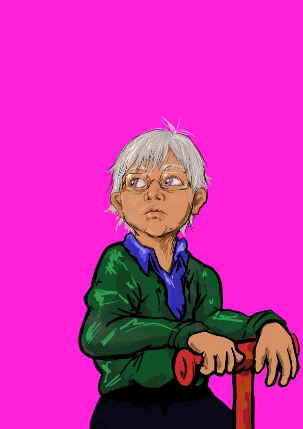 A digital drawing of an elderly person with gray hair and glasses, wearing a green jacket and blue shirt, holding a red walking cane against a pink background.