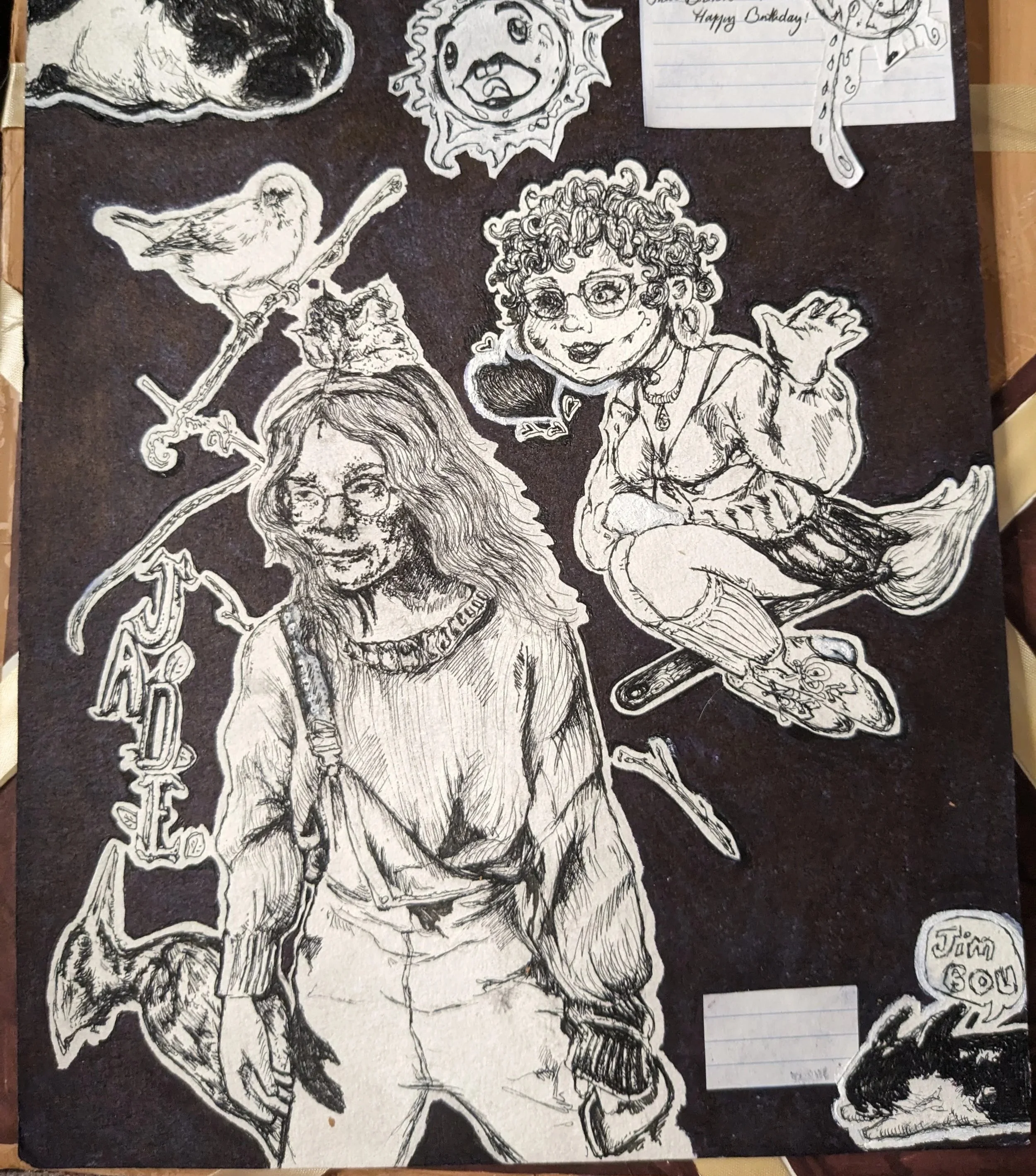 Black and white sketch of various characters and creatures, including a dog, a bird, a person with curly hair and glasses, a person with long hair and a beard, and a sun with a face.