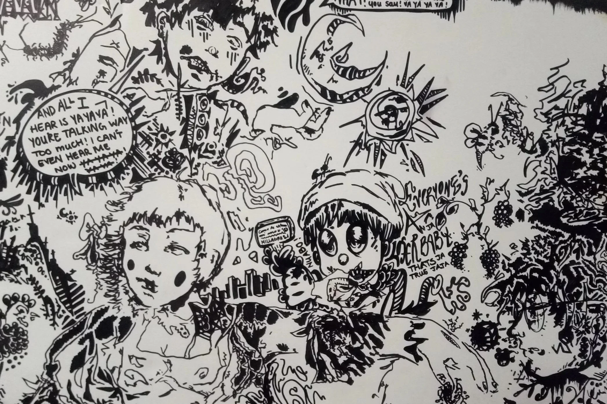 Black and white cartoon-style illustration with various graffiti and comic elements, including a person with large eyes, a moon with a face, and speech bubbles with text.