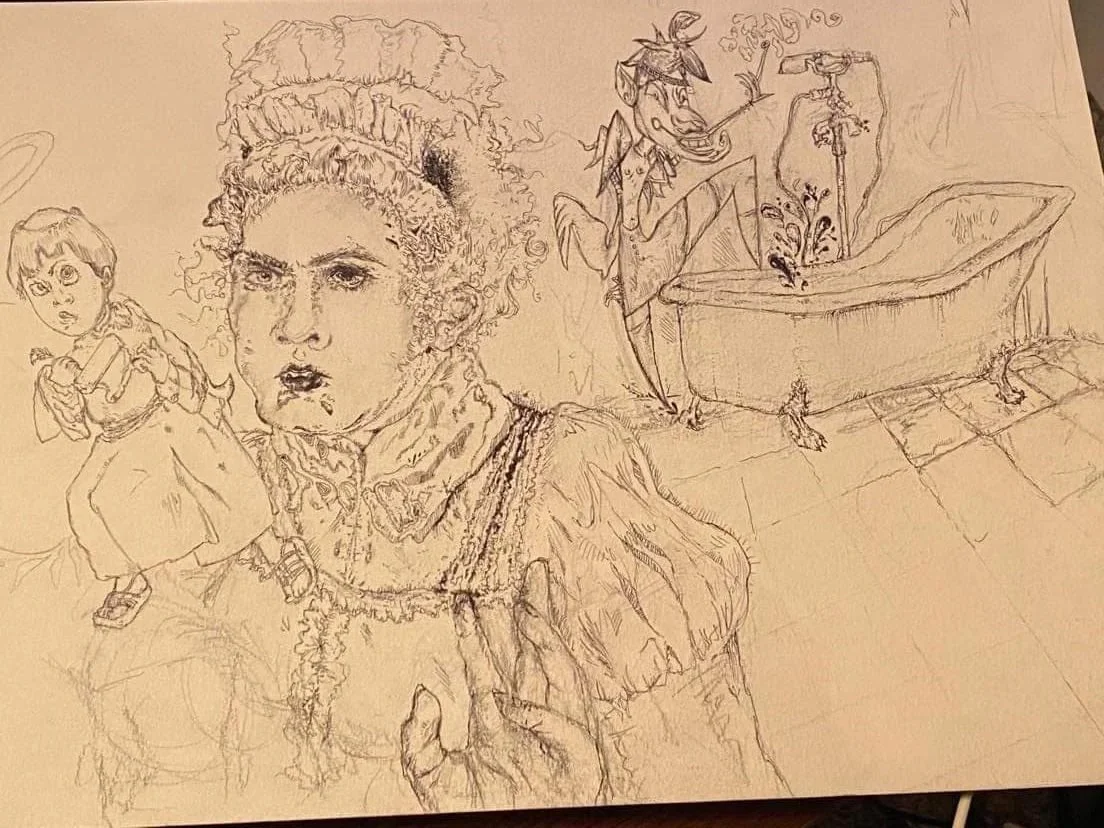 Sketch of two women, one in detailed historical attire with curly hair, and a young girl in simpler clothing with pigtails, with a whimsical character standing next to a bathtub with plants inside.