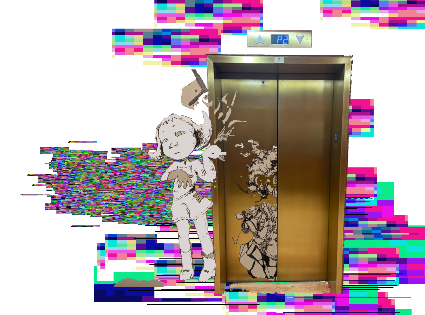 An artistic drawing of a young girl with short hair, wearing a dress and boots, standing beside an elevator. The elevator has a metallic interior and a decorative black ink-style illustration of a scene with a girl, animals, and nature on its wall. The upstairs display shows the floor selection as P2 with up and down arrows above it.