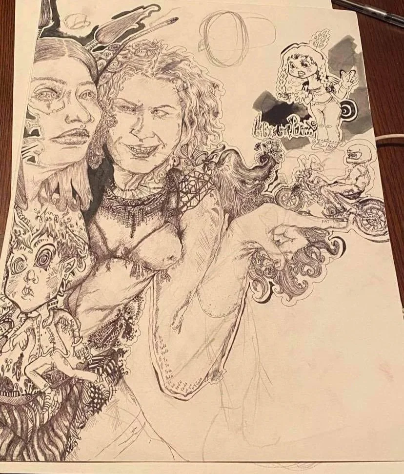 A detailed black-and-white pencil drawing on paper featuring various portraits and characters, including two large faces in the center, a girl with curly hair holding a butterfly, a motorcyclist, and other smaller characters and sketches around them.