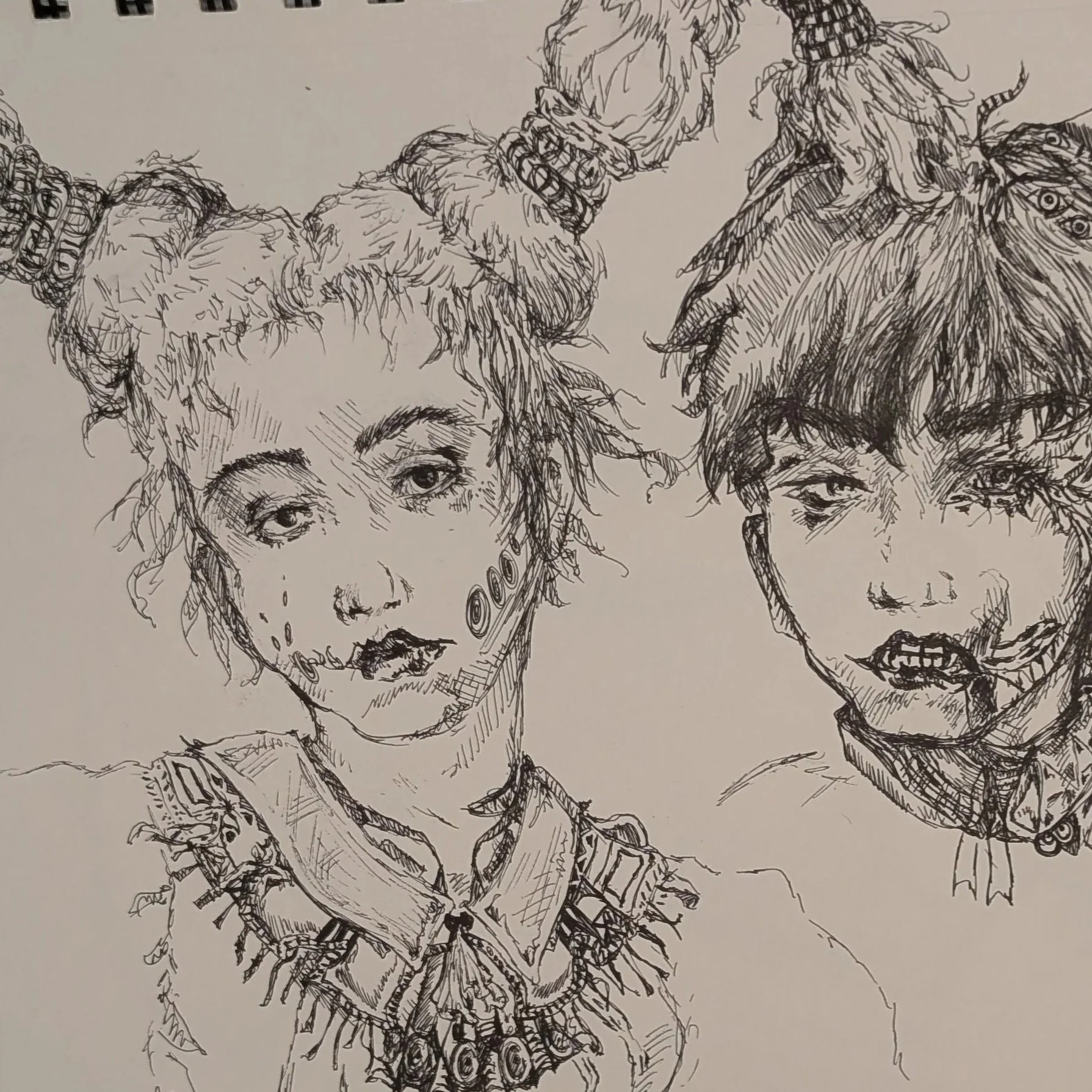 Sketch of three people, a woman and two men, with detailed facial features and clothing, drawn with black ink on a white background.