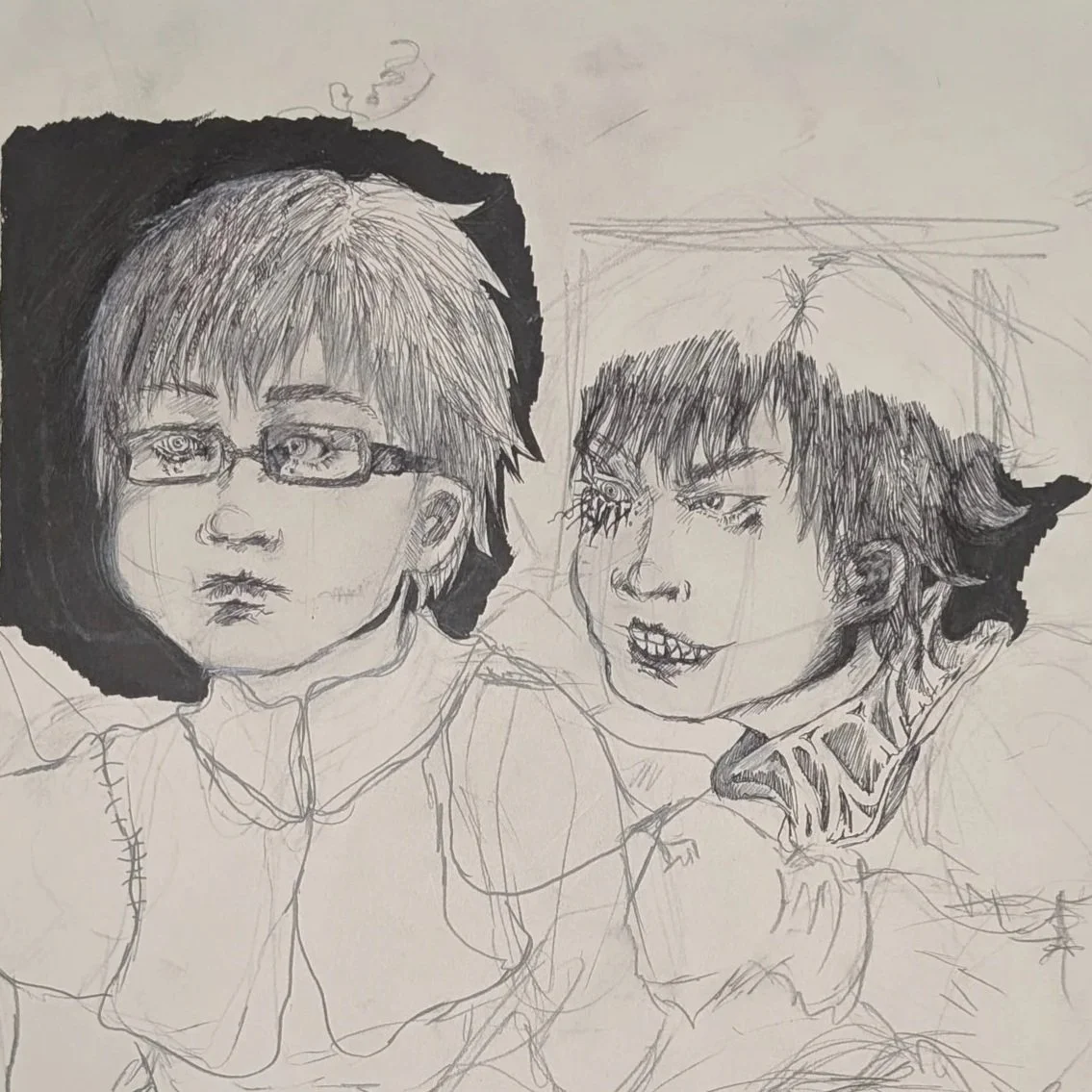 A sketch of two children, one with glasses and straight hair, the other with short, messy hair and a mischievous expression.