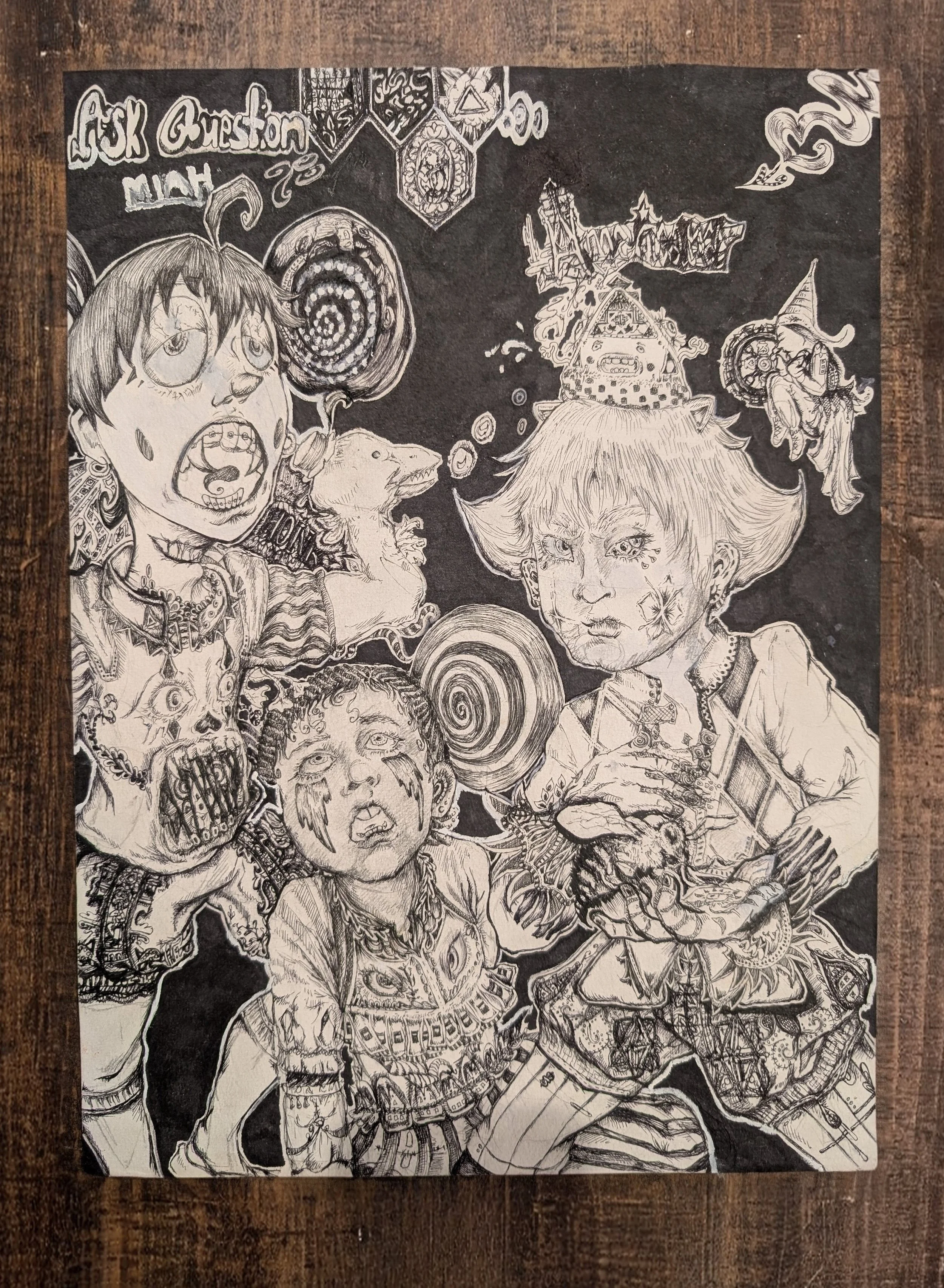 Black and white illustration featuring various fantasy characters including a young girl, a boy with a fierce expression, a wizard, and mythical creatures, with intricate patterns and decorative elements around them.