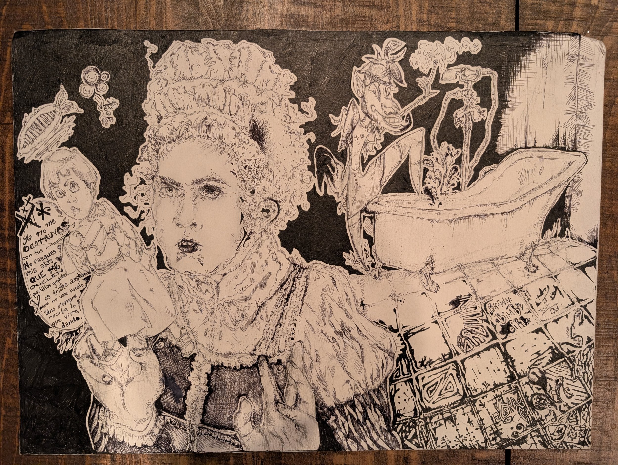 A black-and-white drawing on a dark background featuring a woman with curly hair and expressive eyes, a storybook page with Spanish text, and various sketches of people, objects, and patterns.