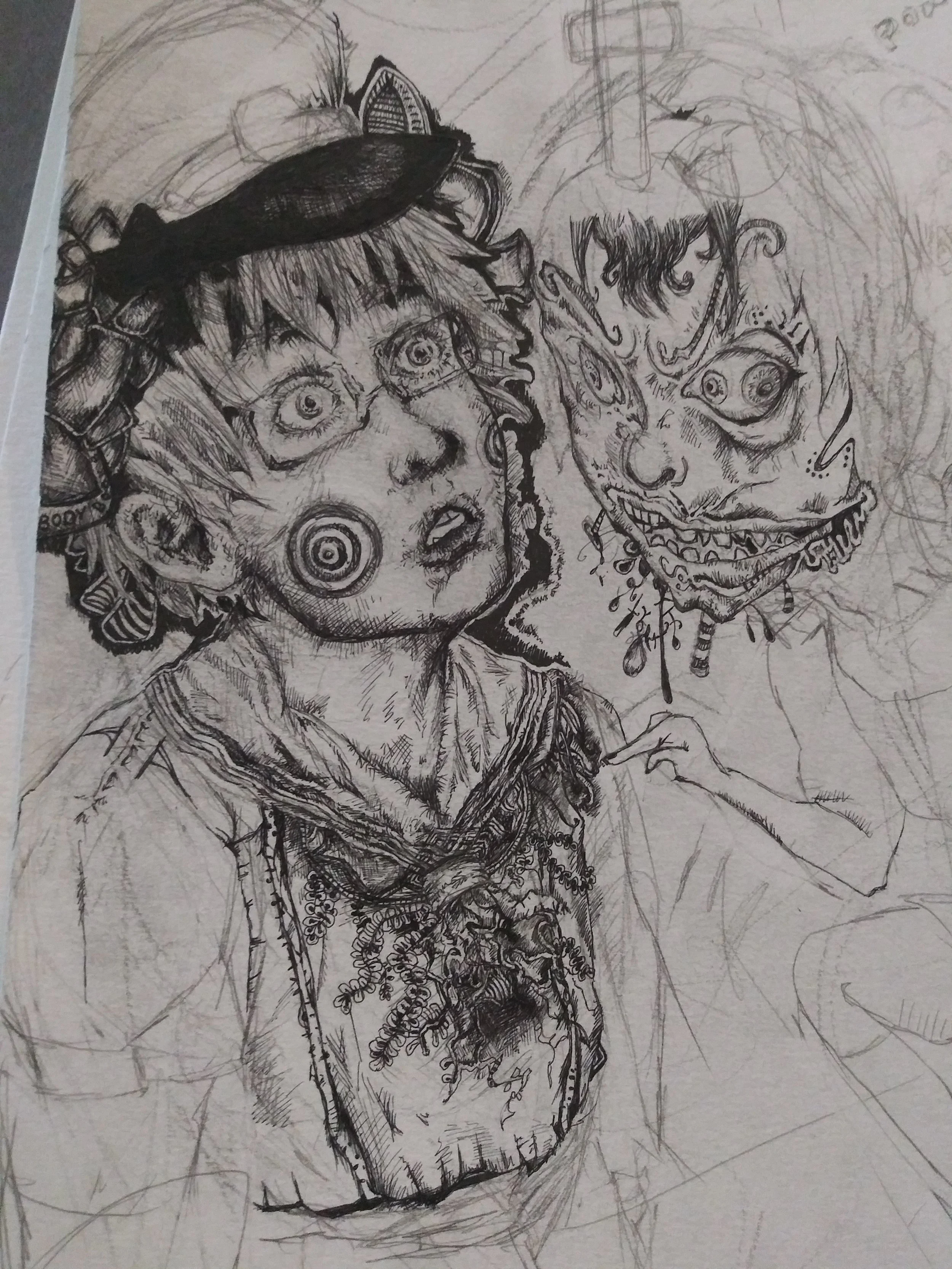 A detailed black and white ink sketch of a woman with earrings and a hat, featuring intricate facial expressions and decorative elements.