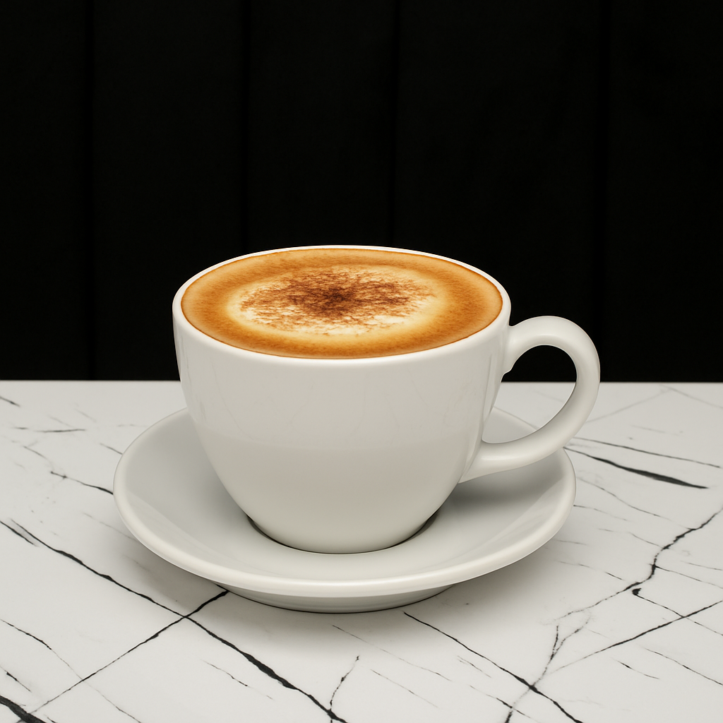 A white ceramic cup of cappuccino on a matching saucer placed on a white marble table with black veins, against a black background.