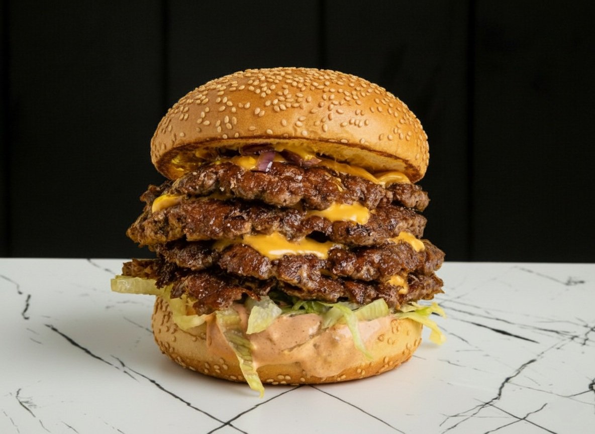 A large double cheeseburger with four beef patties, cheese, lettuce, and sauce in a sesame seed bun.