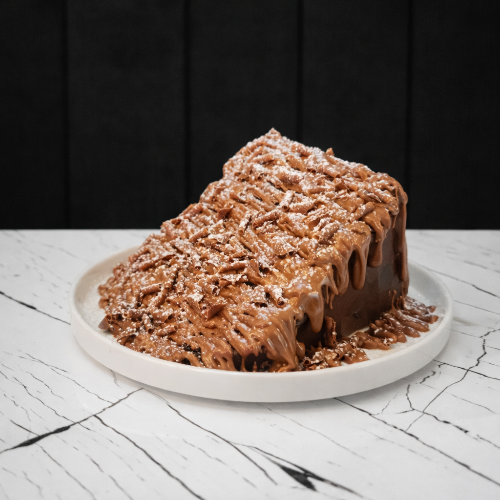 A chocolate dessert covered in caramel drizzle and sprinkled with powdered sugar on a white plate.
