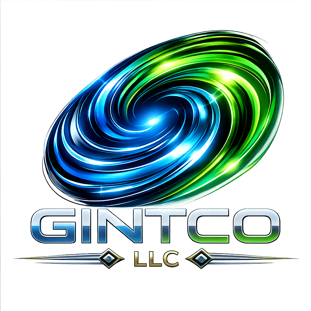 A colorful, swirling, 3D logo with blue and green tones, accompanied by the text 'GINTCO LLC' in metallic font.