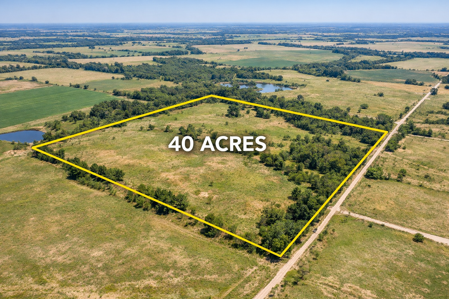 Aerial view of a 40-acre rural property with a yellow boundary outline, surrounded by open fields, trees, ponds, and a gravel road in the countryside.
