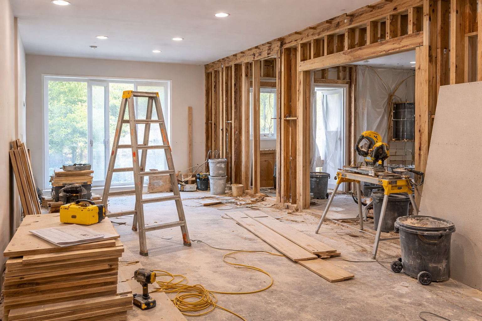 Interior of a room under renovation with exposed wooden framing, construction tools, and materials, including a step ladder, saw, buckets, and stacks of lumber, with large windows letting in natural light.