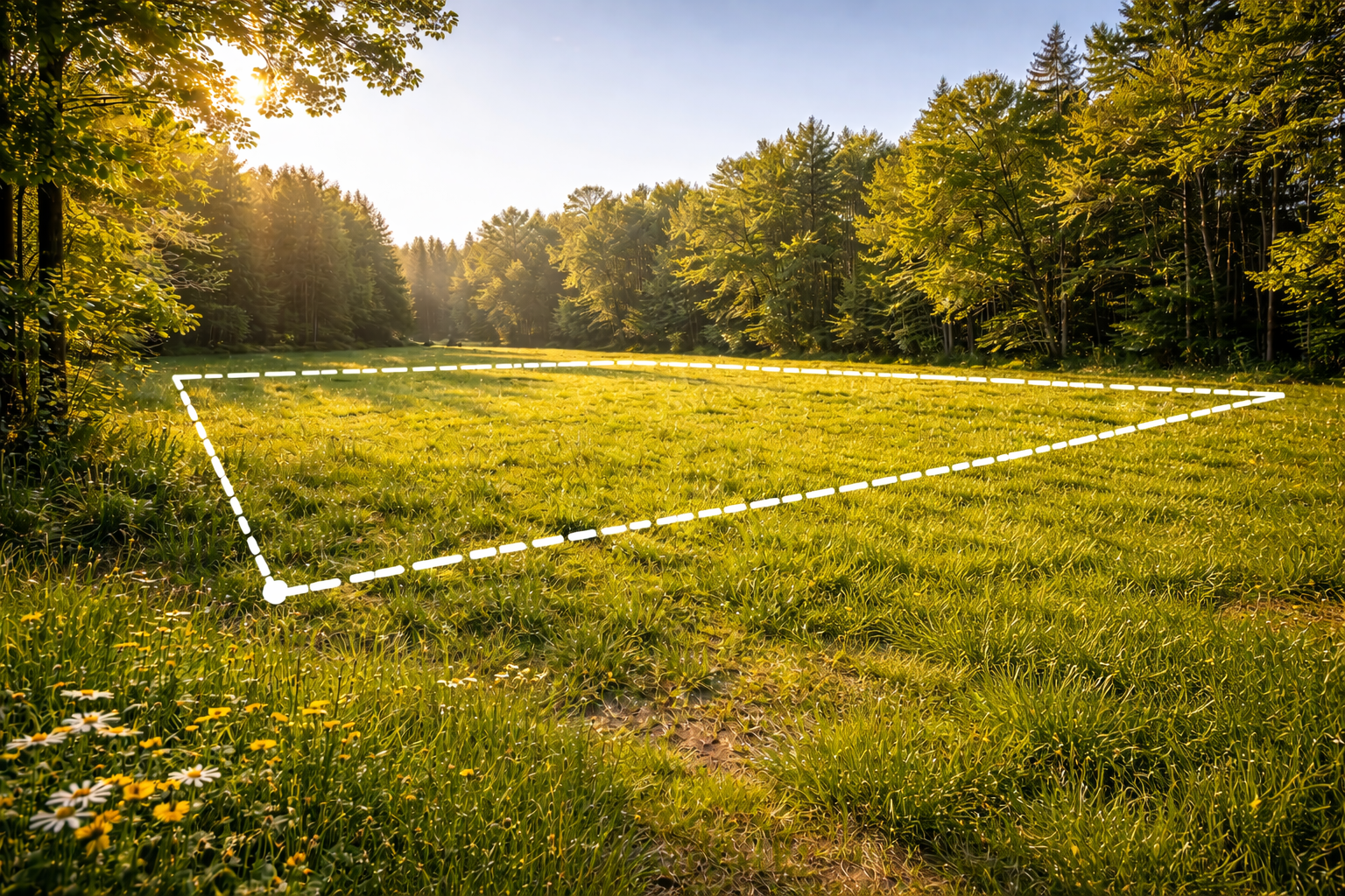 A grassy field with trees in the background, marked with a dotted white outline in the shape of a polygon, with the sun shining through the trees on a clear day.