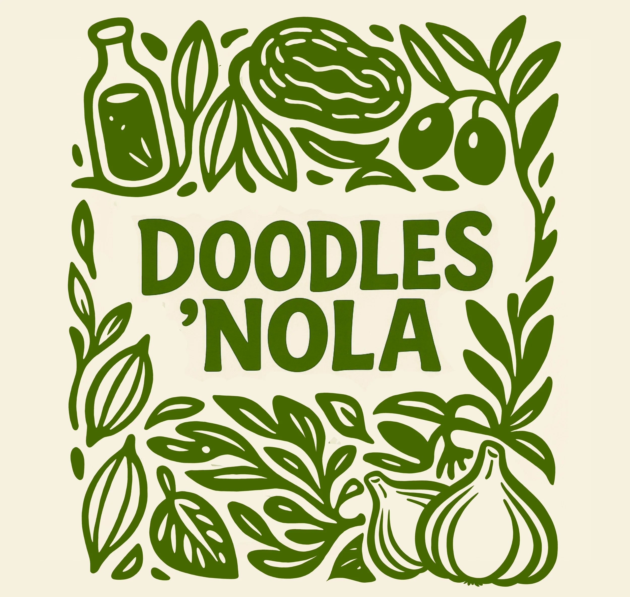 Green line drawing of olives, leaves, and a bottle with the words "Olives, Food, Olive" written around the design.