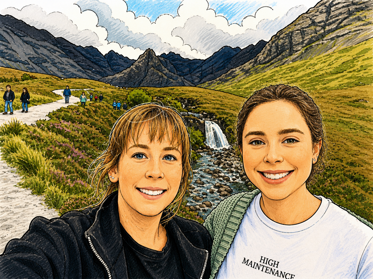 Two women taking a selfie in a scenic mountain landscape with a waterfall, stream, and group of hikers in the background.