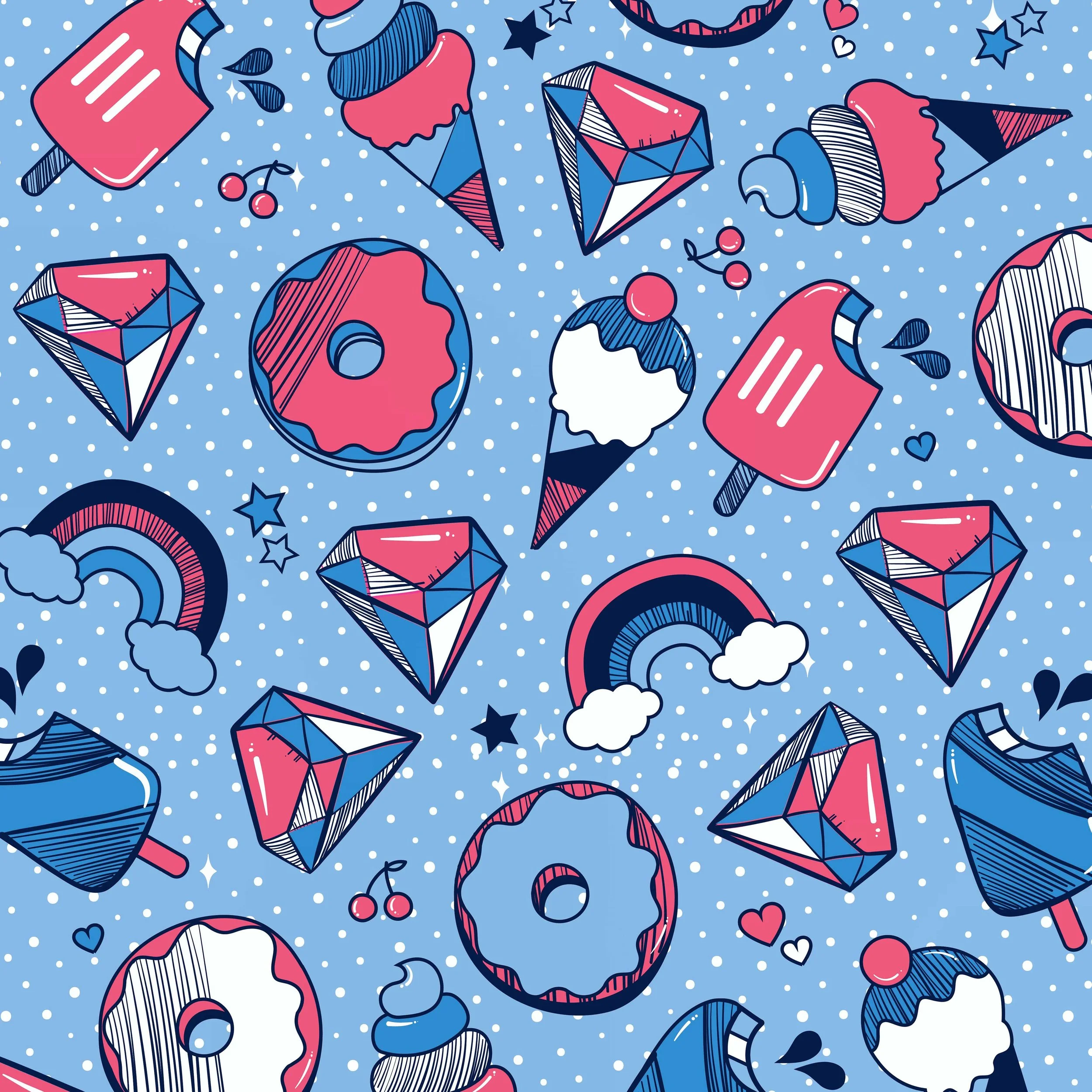 A colorful, cartoon-style pattern with popsicles, donuts, ice cream cones, hearts, stars, rainbows, clouds, and diamonds on a light blue background with white polka dots.