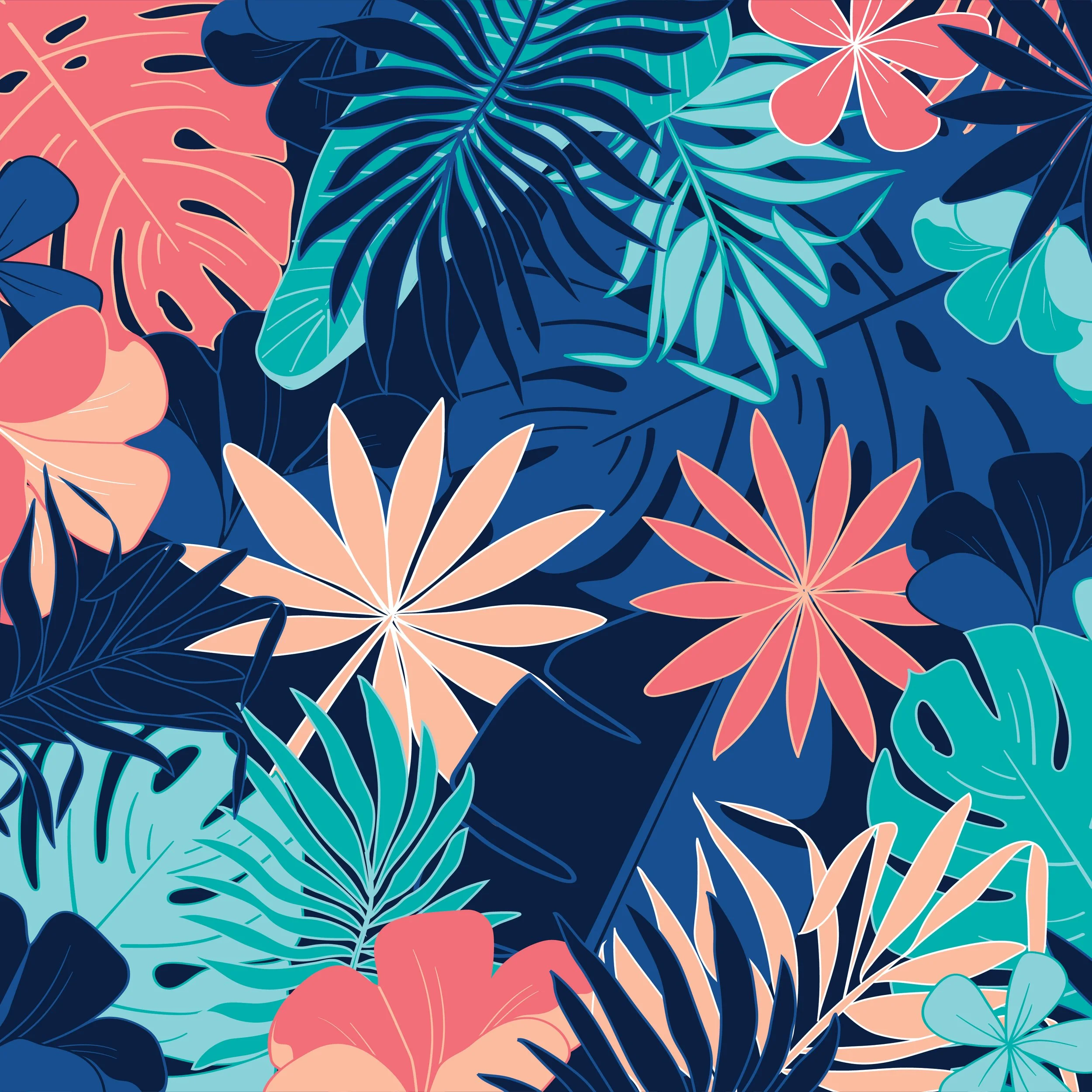 A vibrant tropical pattern featuring large pink, peach, and mint green leaves on a dark blue background.